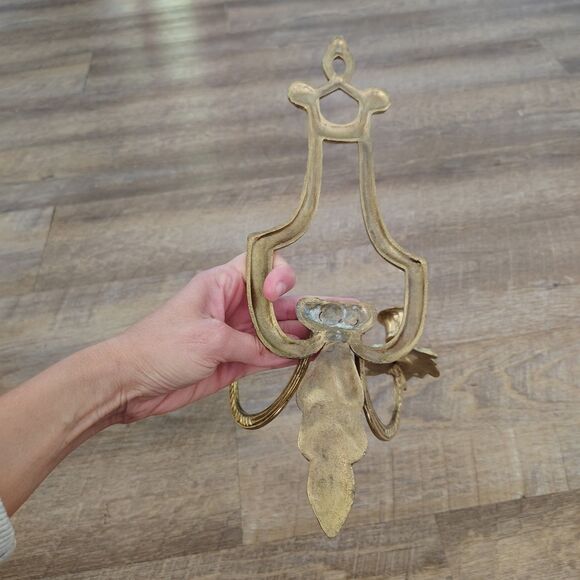 Vtg Solid Brass Wall Hanging Sconce Double Candle Holder Classic Deco MCM - Picture 5 of 7